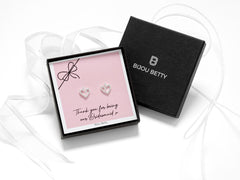 Sterling silver heart stud earrings, 11mm x 12mm, in a gift box with a bridesmaid thank you card for wedding appreciation.