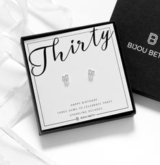 Sterling silver 30th birthday stud earrings with three CZ stones, 6mm x 5.5mm, in Bijou Betty gift box with card.