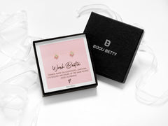 Sterling silver 5.5mm flower stud earrings with CZ gems in Bijou Betty gift box with work bestie card, ideal for colleagues.
