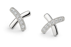 Close-up of 925 silver CZ kiss earrings, perfect for mum or grandmother 70th birthday milestone gift.