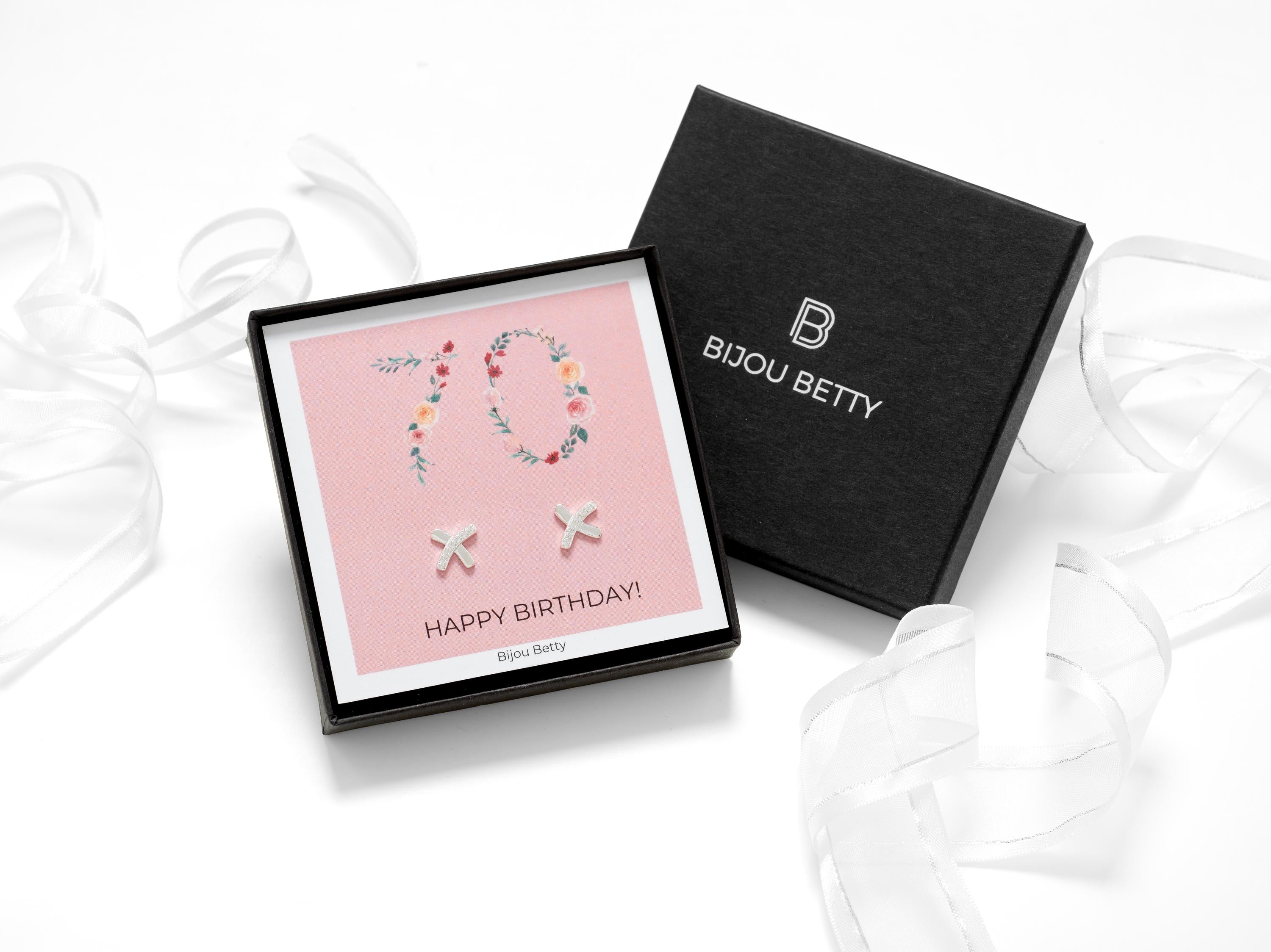 Sterling silver 70th birthday kiss stud earrings with CZ stones, 10mm x 10mm, in Bijou Betty gift box with card.