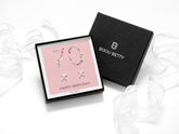 Sterling silver 70th birthday kiss stud earrings with CZ stones, 10mm x 10mm, in Bijou Betty gift box with card.