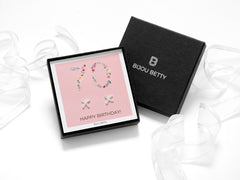 Sterling silver 70th birthday kiss stud earrings with CZ stones, 10mm x 10mm, in Bijou Betty gift box with card.