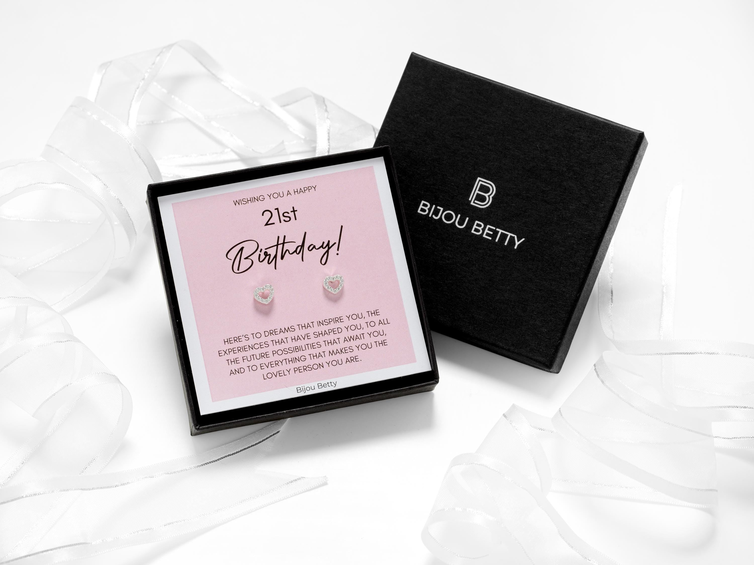 Sterling silver 6mm CZ heart stud earrings in Bijou Betty gift box with 21st birthday card, ideal for daughters.