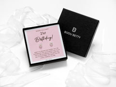 Sterling silver 6mm CZ heart stud earrings in Bijou Betty gift box with 21st birthday card, ideal for daughters.