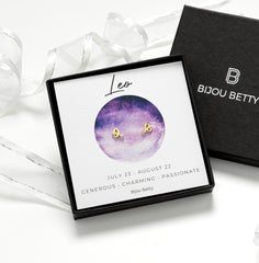Bijou Betty Leo zodiac earrings with gift bag, tissue, and customised tag, ideal for Christmas gifts for nieces.
