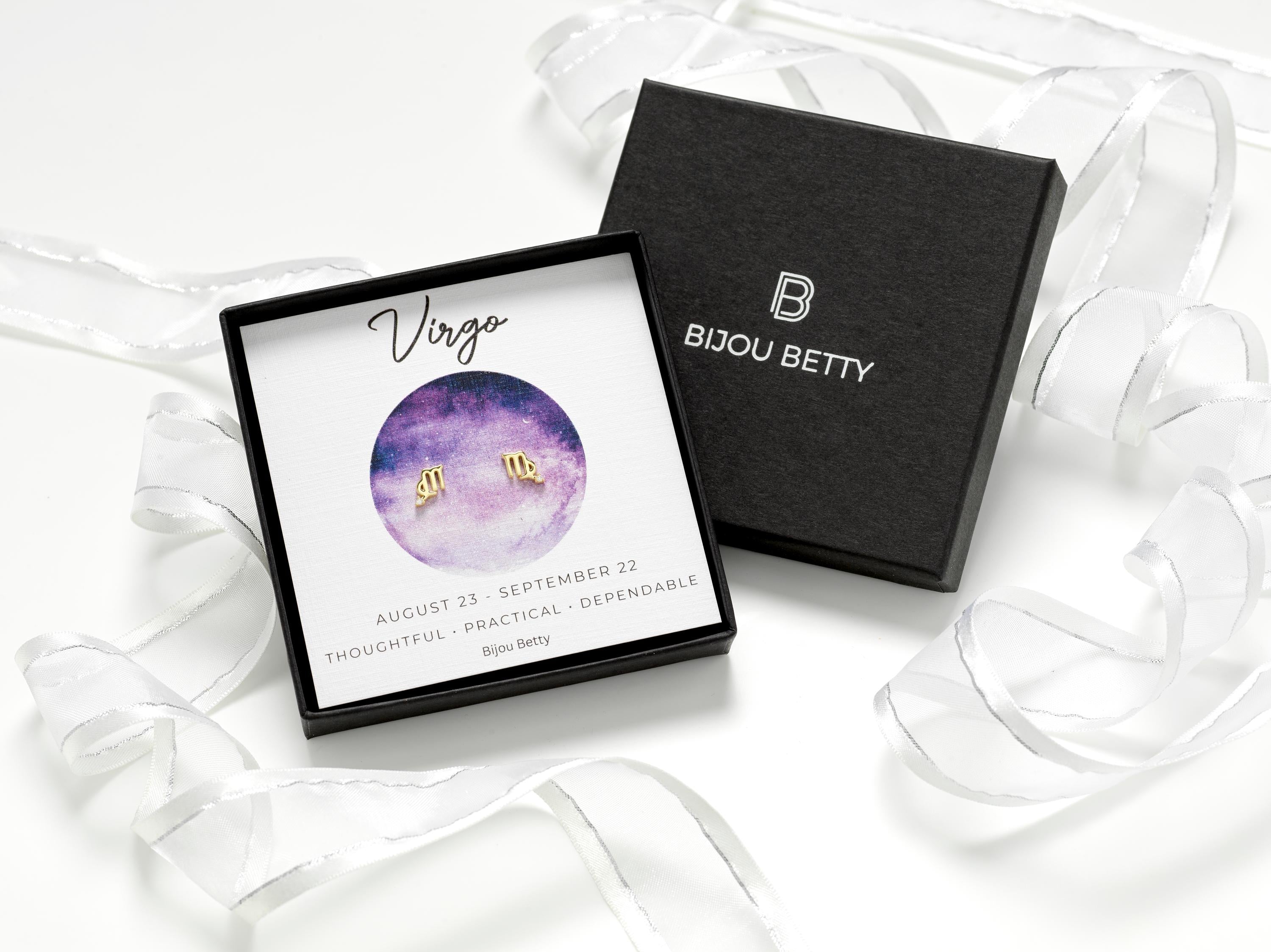14k gold-plated sterling silver 6.5mm Virgo zodiac stud earrings with CZ in Bijou Betty gift box with Virgo card.