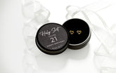Gold-plated stainless steel 7mm heart stud earrings in Bijou Betty gift box with fun 21st birthday quote for friend.