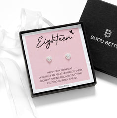 Bijou Betty 18th birthday earrings with gift bag, tissue, and personalised tag, ideal for milestone celebrations.