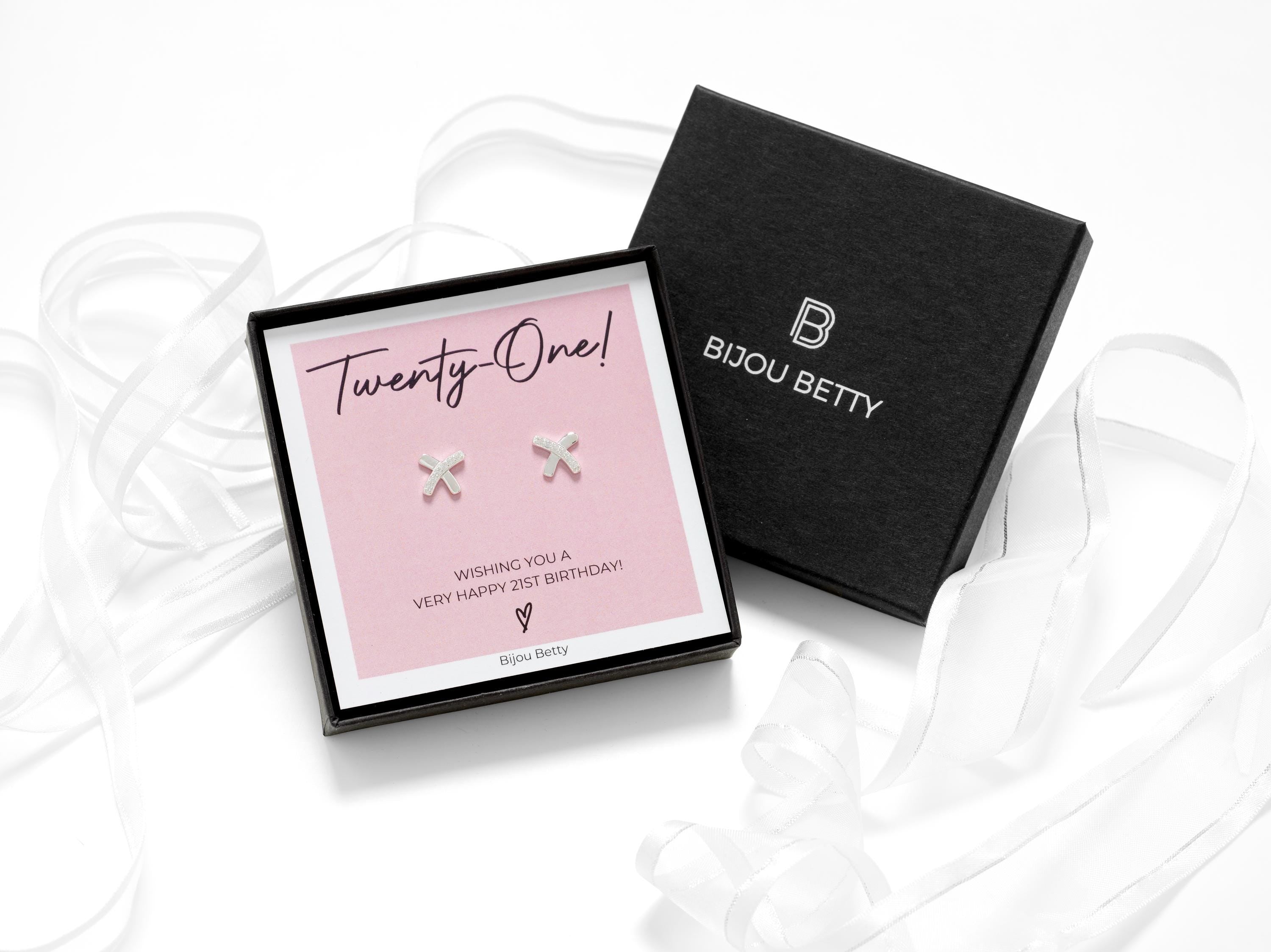Sterling silver 10mm CZ kiss stud earrings in Bijou Betty gift box with 21st birthday card, ideal for daughters.