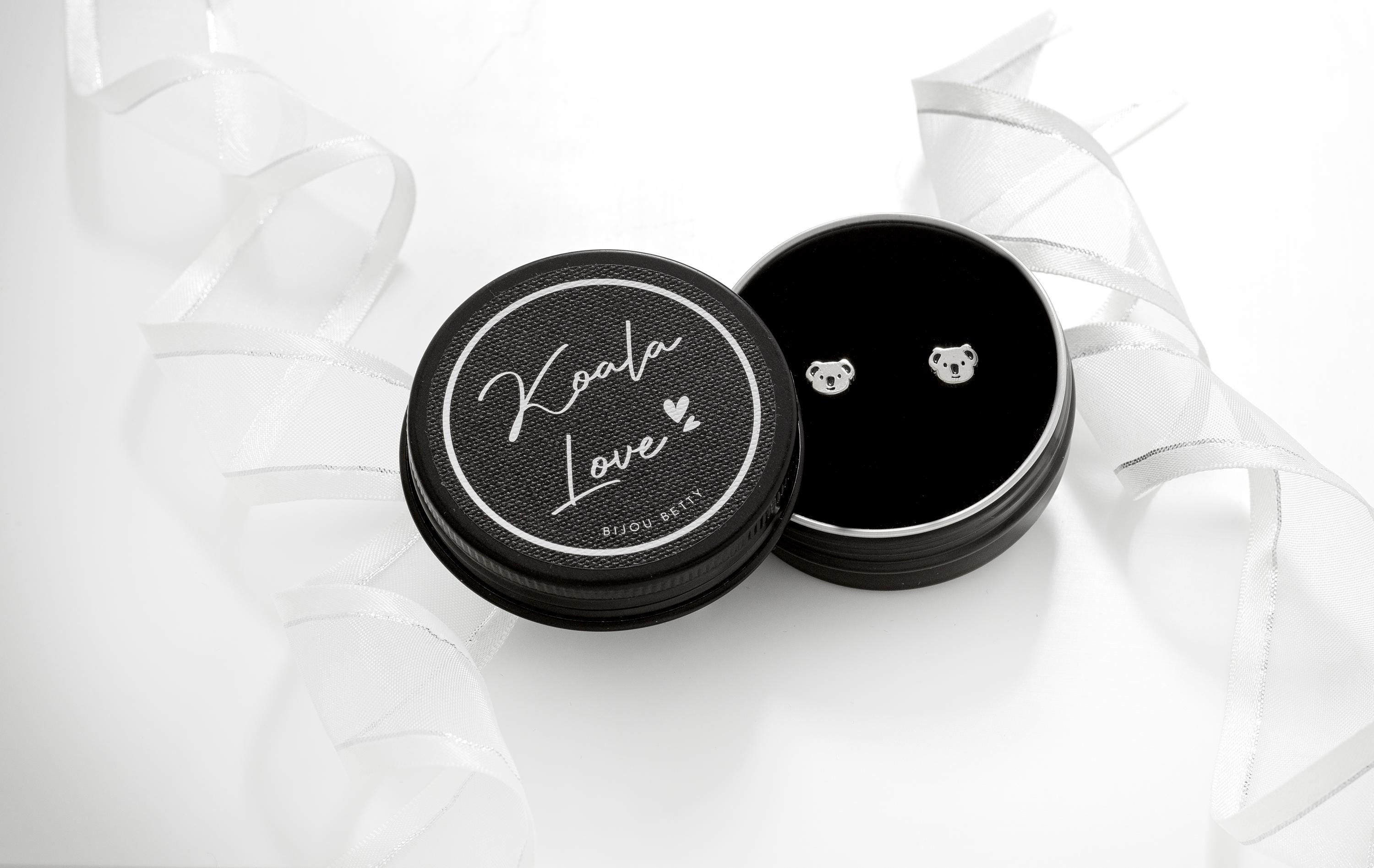 Sterling silver 6mm koala stud earrings in Bijou Betty gift box with “Koala Love” lid, ideal for daughters.