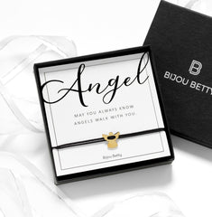 Bijou Betty guardian angel bracelet with gift bag, card, and box, great for friends or Christmas gifts.