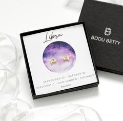 Bijou Betty Libra zodiac earrings with gift bag, tissue, and customised tag, ideal for Christmas gifts for nieces.