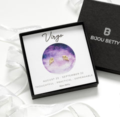 Bijou Betty Virgo zodiac earrings with gift bag, tissue, and customised tag, ideal for Christmas gifts for nieces.
