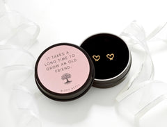 Bijou Betty heart earrings with optional gift bag and personalised tag, great for Christmas or farewell gifts.