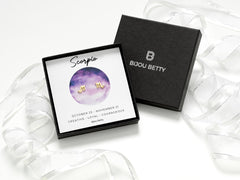 14k gold-plated sterling silver 6.5mm Scorpio zodiac stud earrings with CZ in Bijou Betty gift box with Scorpio card.