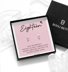 Bijou Betty 18th birthday earrings with gift bag, tissue, ribbon, and personalised tag, great for nieces.