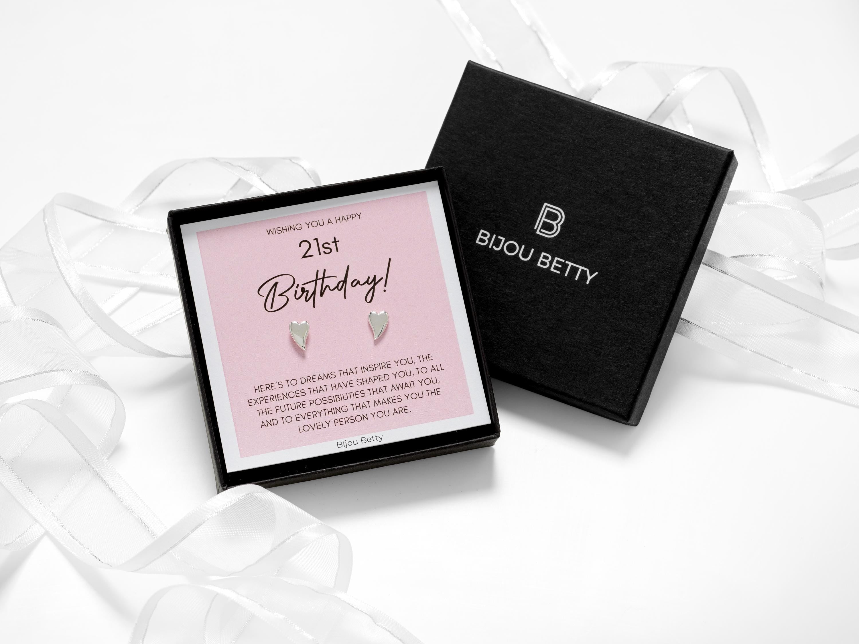 Sterling silver 9mm heart stud earrings in Bijou Betty gift box with 21st birthday card, ideal for daughters.