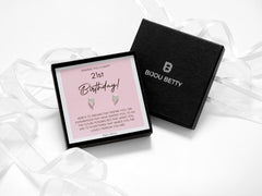 Sterling silver 9mm heart stud earrings in Bijou Betty gift box with 21st birthday card, ideal for daughters.