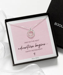 Sterling silver three-ring necklace in Bijou Betty gift box with retirement card, ideal for colleagues.