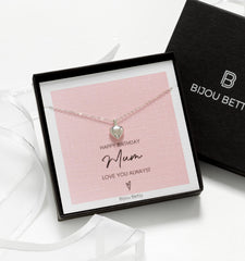 Bijou Betty mum birthday necklace with gift bag, tissue, and personalised tag, great for heartfelt gifts.