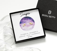 Bijou Betty Scorpio zodiac earrings with gift bag, tissue, and customised tag, ideal for Christmas gifts for nieces.