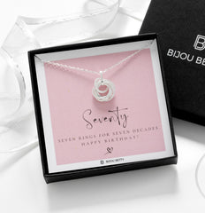 Bijou Betty seven-ring necklace with tissue, card, customised tag, and gift bag, great for friends.
