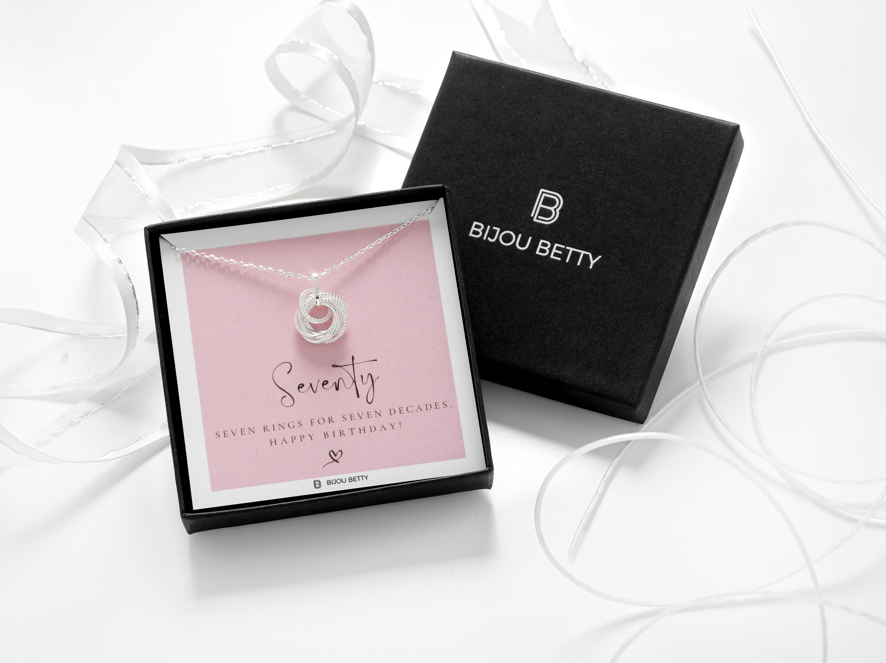 Sterling silver seven-ring necklace with 10mm CZ in Bijou Betty box with 70th birthday card, ideal for mums.