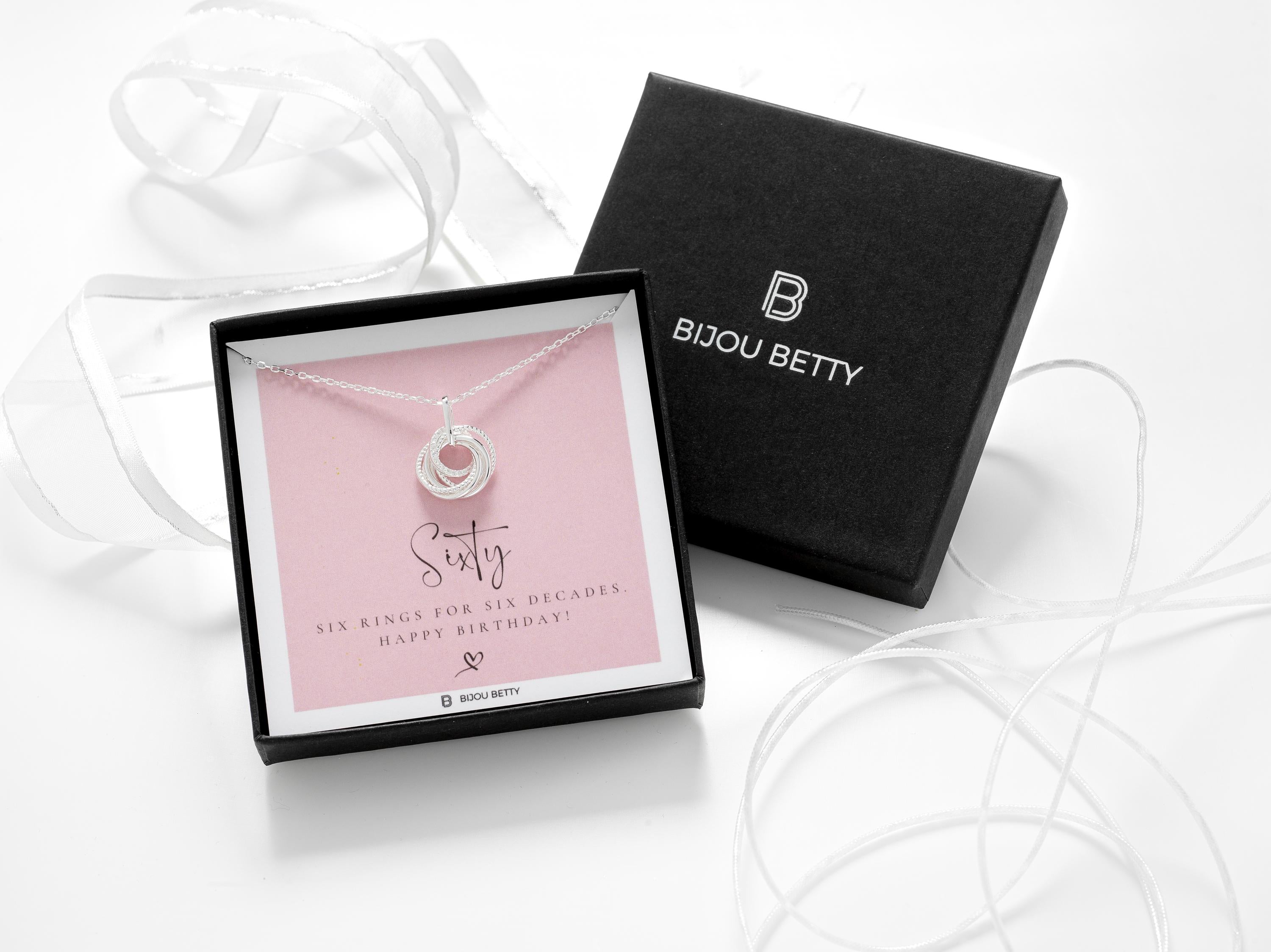 Sterling silver six-ring necklace with 10mm CZ in Bijou Betty box with 60th birthday card, ideal for mums.