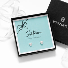 Bijou Betty 16th birthday earrings with gift bag, tissue, and personalised tag for milestone celebrations.
