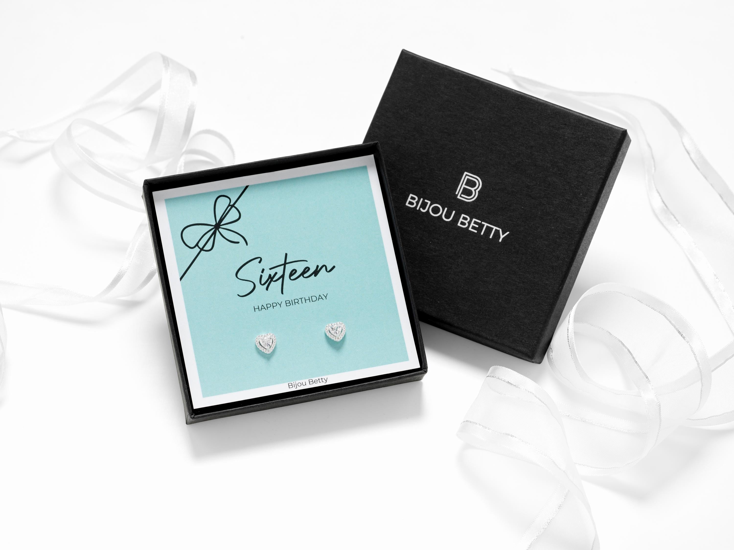Sterling silver 7mm CZ heart stud earrings in Bijou Betty gift box with Sweet Sixteen card for daughters.