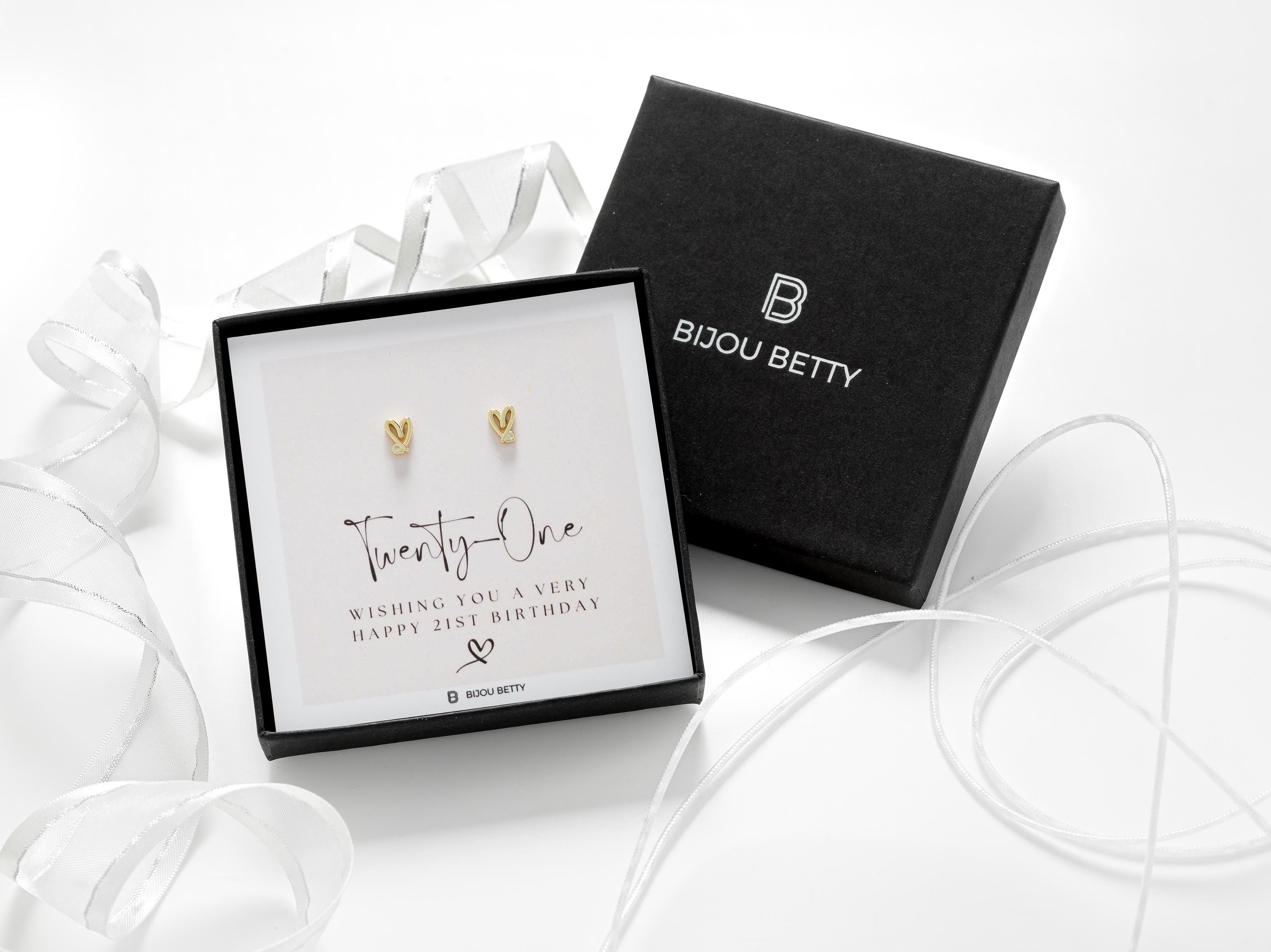 Sterling silver 7mm heart stud earrings with CZ in Bijou Betty box with 21st birthday card, ideal for daughters.