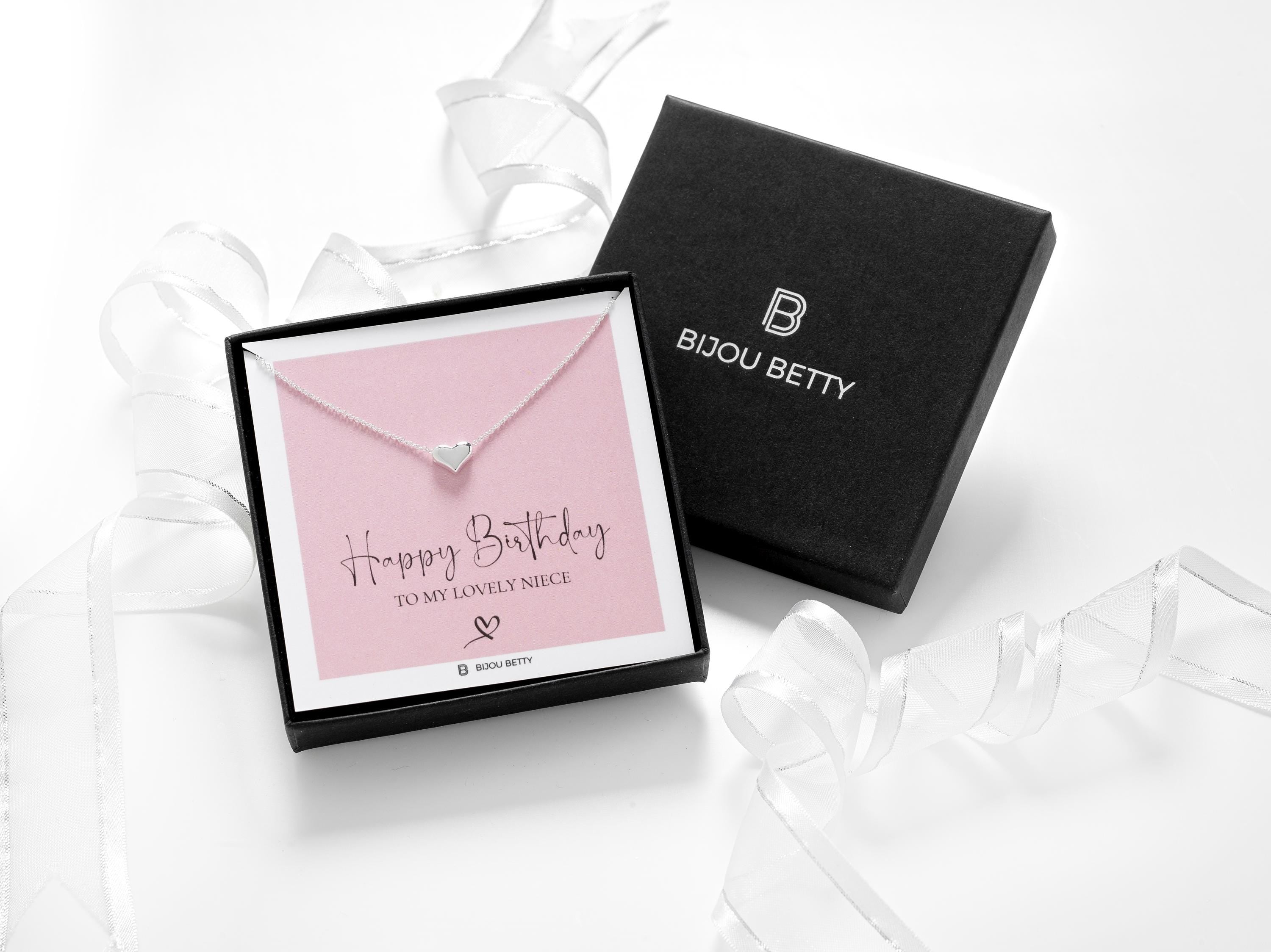Sterling silver 9mm heart necklace in Bijou Betty box with niece birthday card, ideal for nieces.