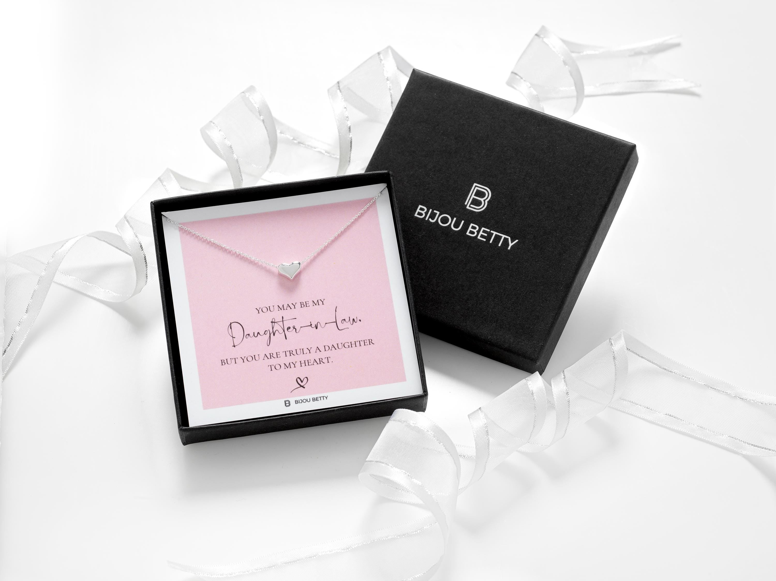 Sterling silver 9mm heart necklace in Bijou Betty box with daughter-in-law card, ideal for birthdays.