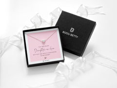 Sterling silver 9mm heart necklace in Bijou Betty box with daughter-in-law card, ideal for birthdays.