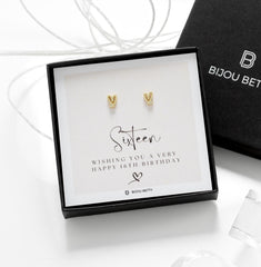 Bijou Betty 18th birthday earrings with tissue, ribbon, card, and customised tag, great for nieces.