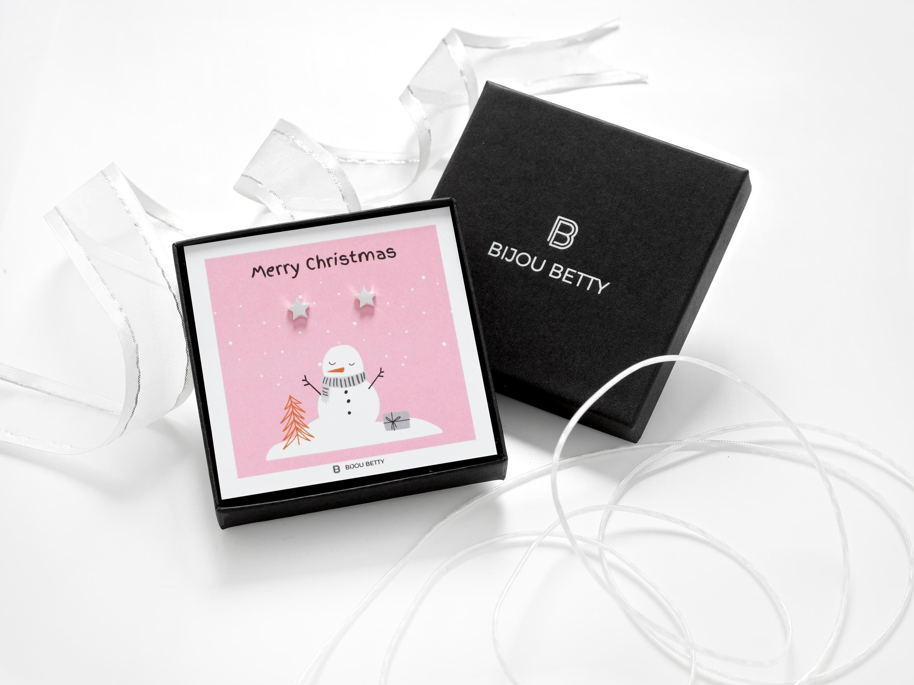 Sterling silver 6.5mm star earrings in Bijou Betty box with Merry Christmas card, ideal for daughters.
