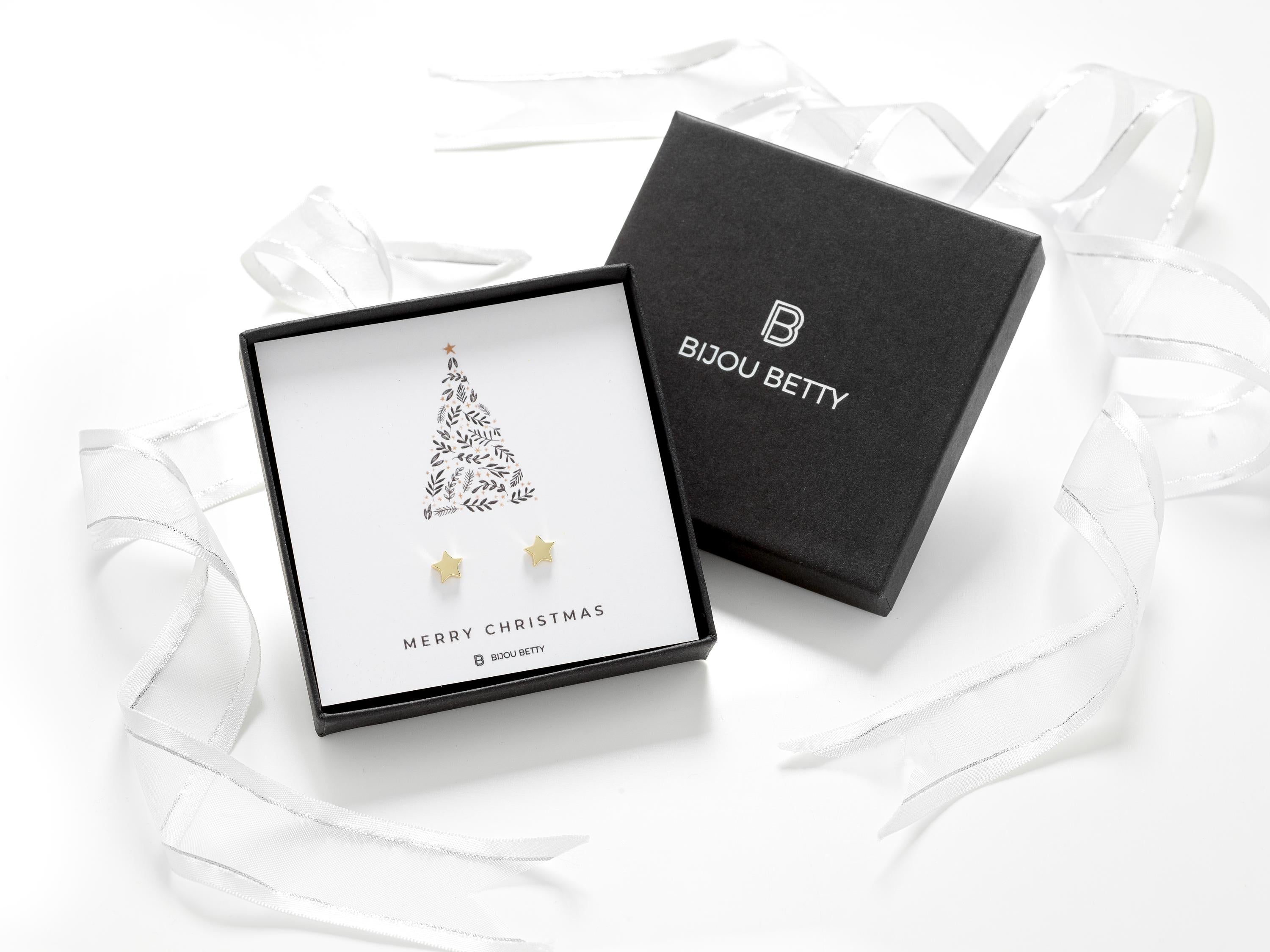 Sterling silver 6.5mm star earrings in Bijou Betty box with Merry Christmas card, ideal for daughters.
