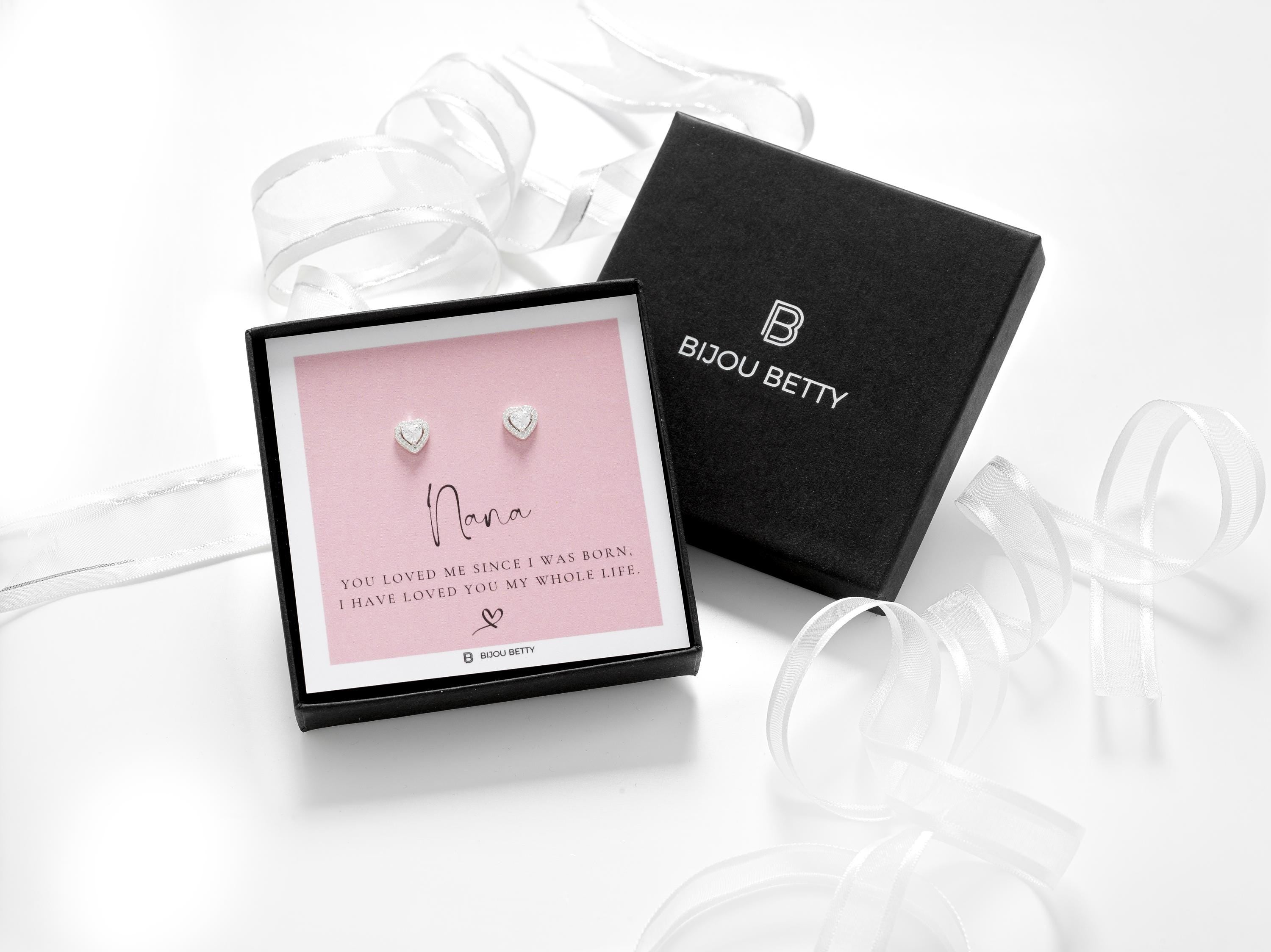 Sterling silver 7mm CZ heart earrings in Bijou Betty box with nana card, ideal for birthdays.