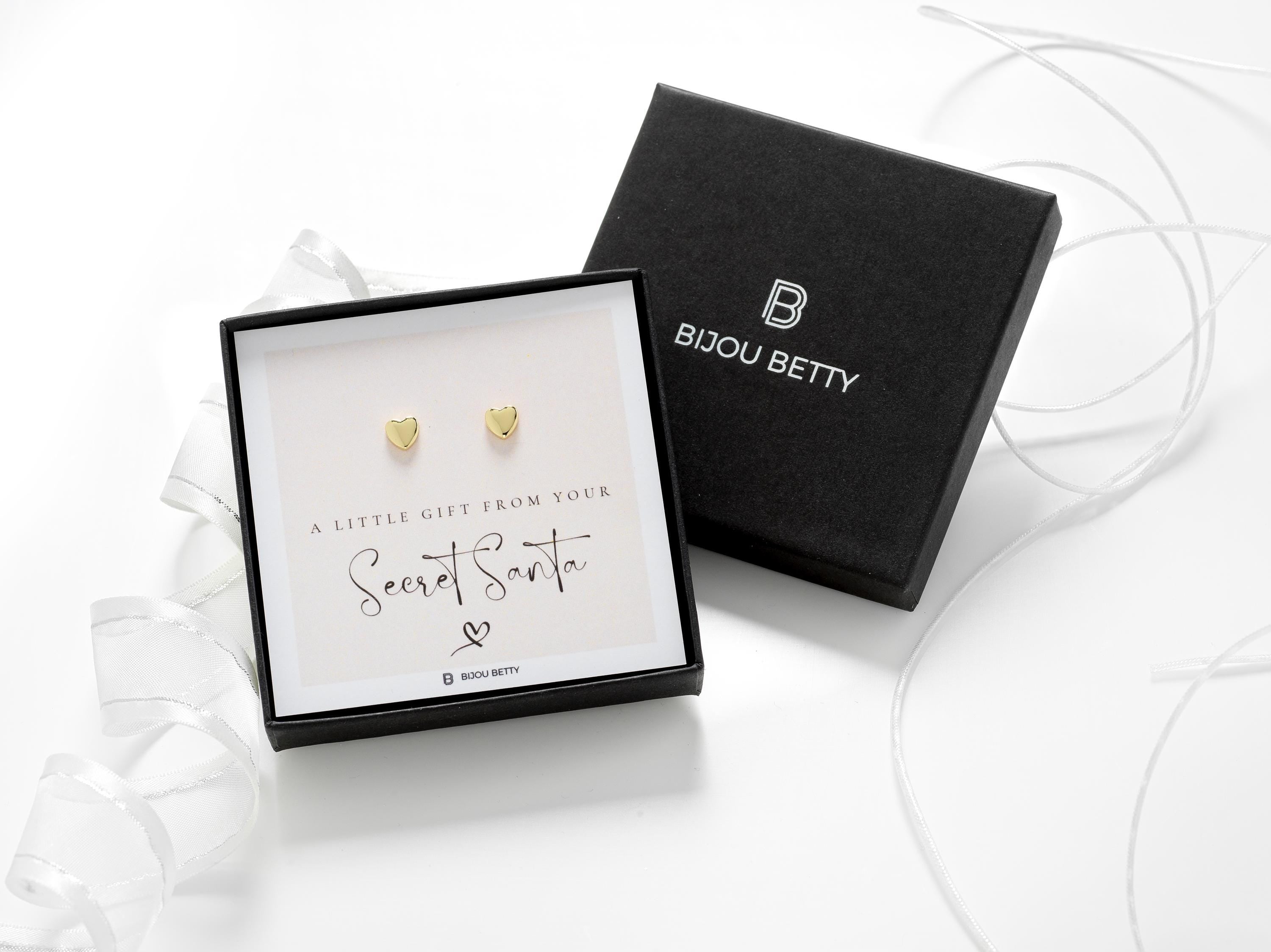 Sterling silver 6.5mm heart earrings in Bijou Betty box with Secret Santa card, ideal for daughters.