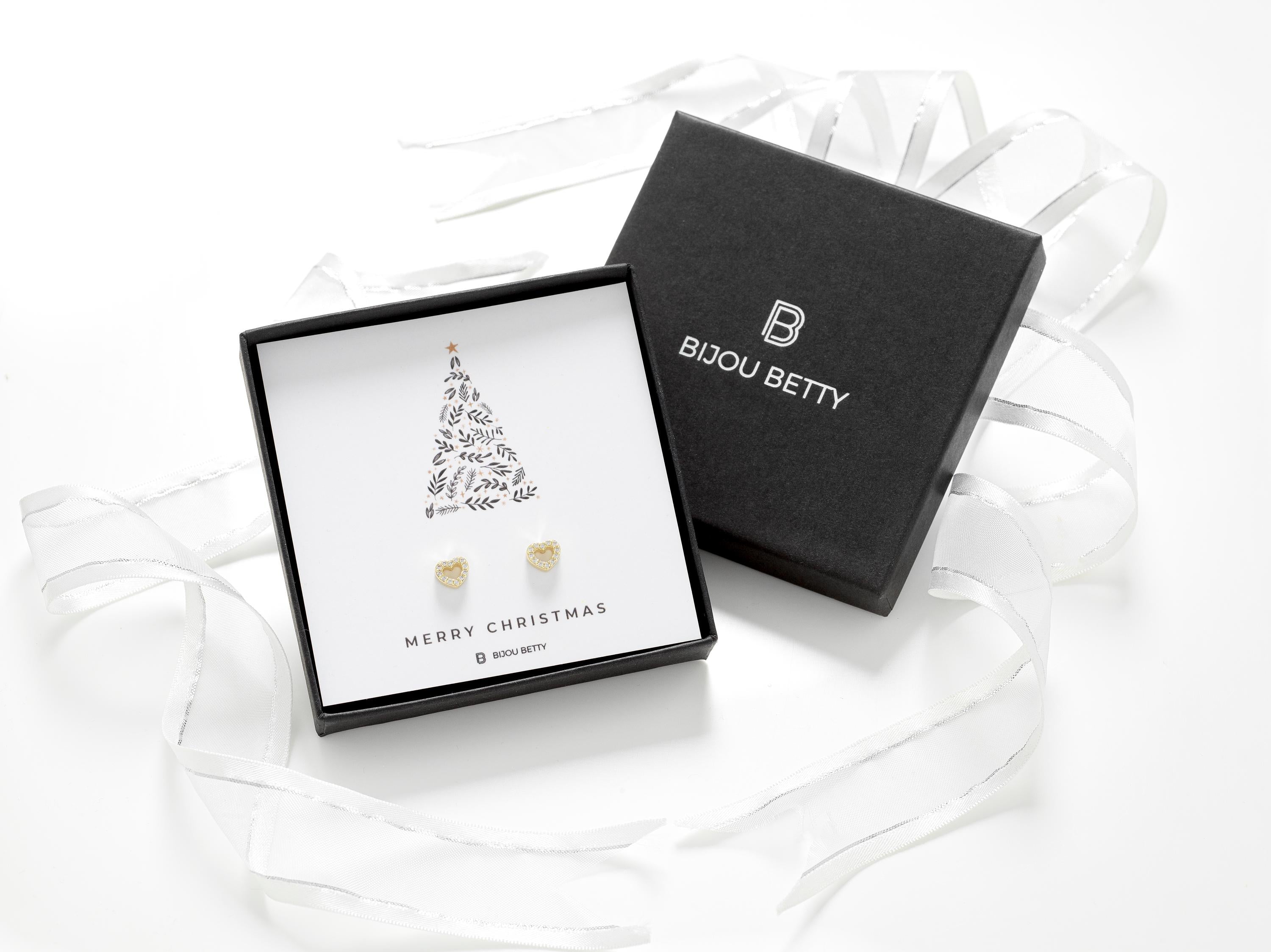 Sterling silver 6mm heart stud earrings in Bijou Betty box with Merry Christmas card, ideal for daughters.