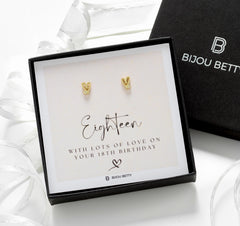 Bijou Betty 18th birthday earrings with tissue, ribbon, card, and customised tag, great for nieces.