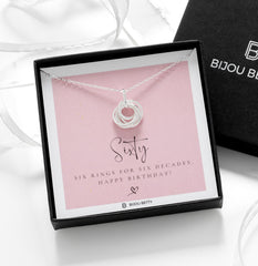 Bijou Betty six-ring necklace with tissue, card, customised tag, and gift bag, great for friends.
