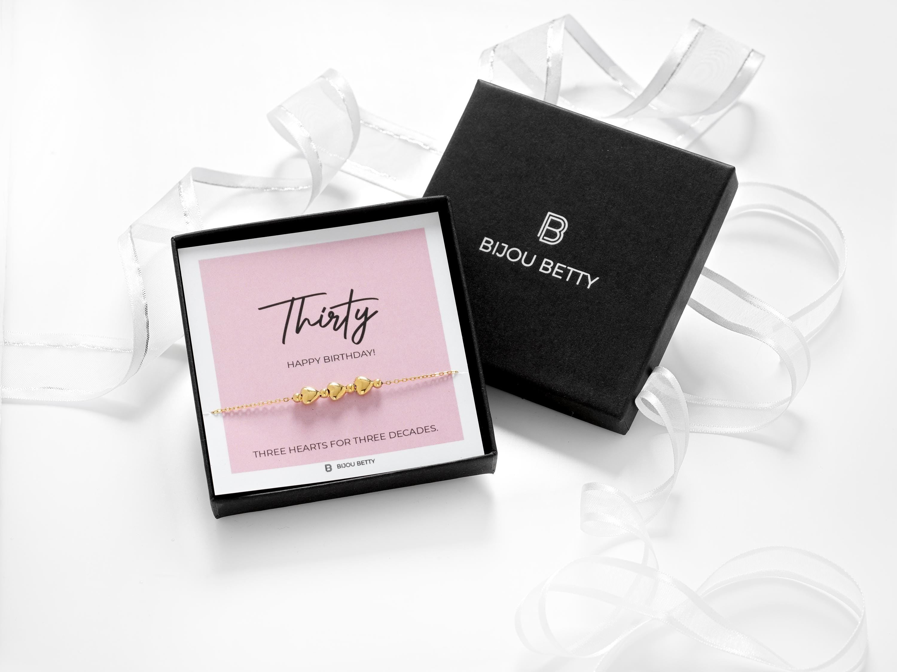 30th birthday jewellery, 3 hearts for 3 decades bracelet.