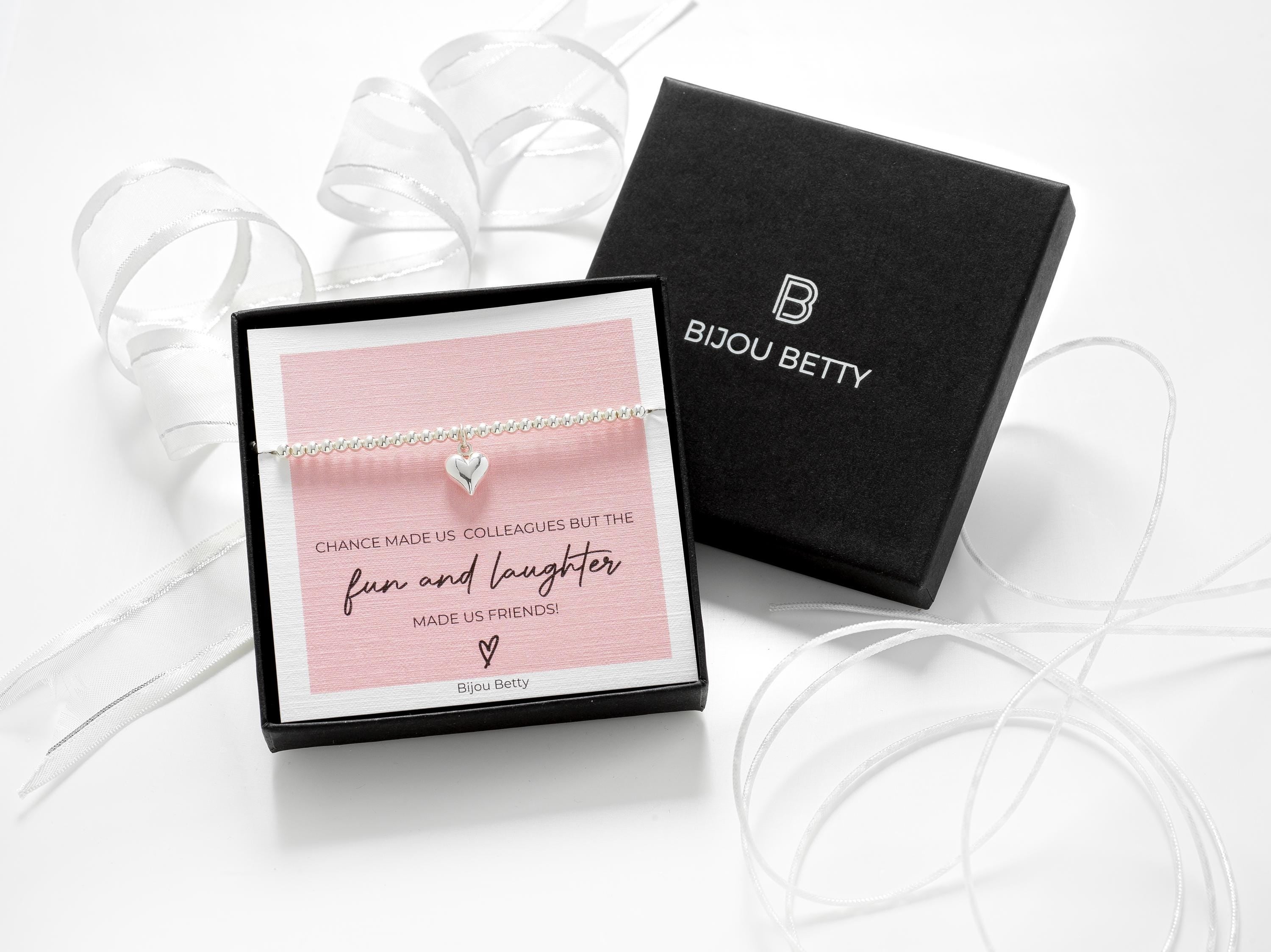 Sterling silver 9mm heart bracelet in Bijou Betty box with colleague card, ideal for work friends.