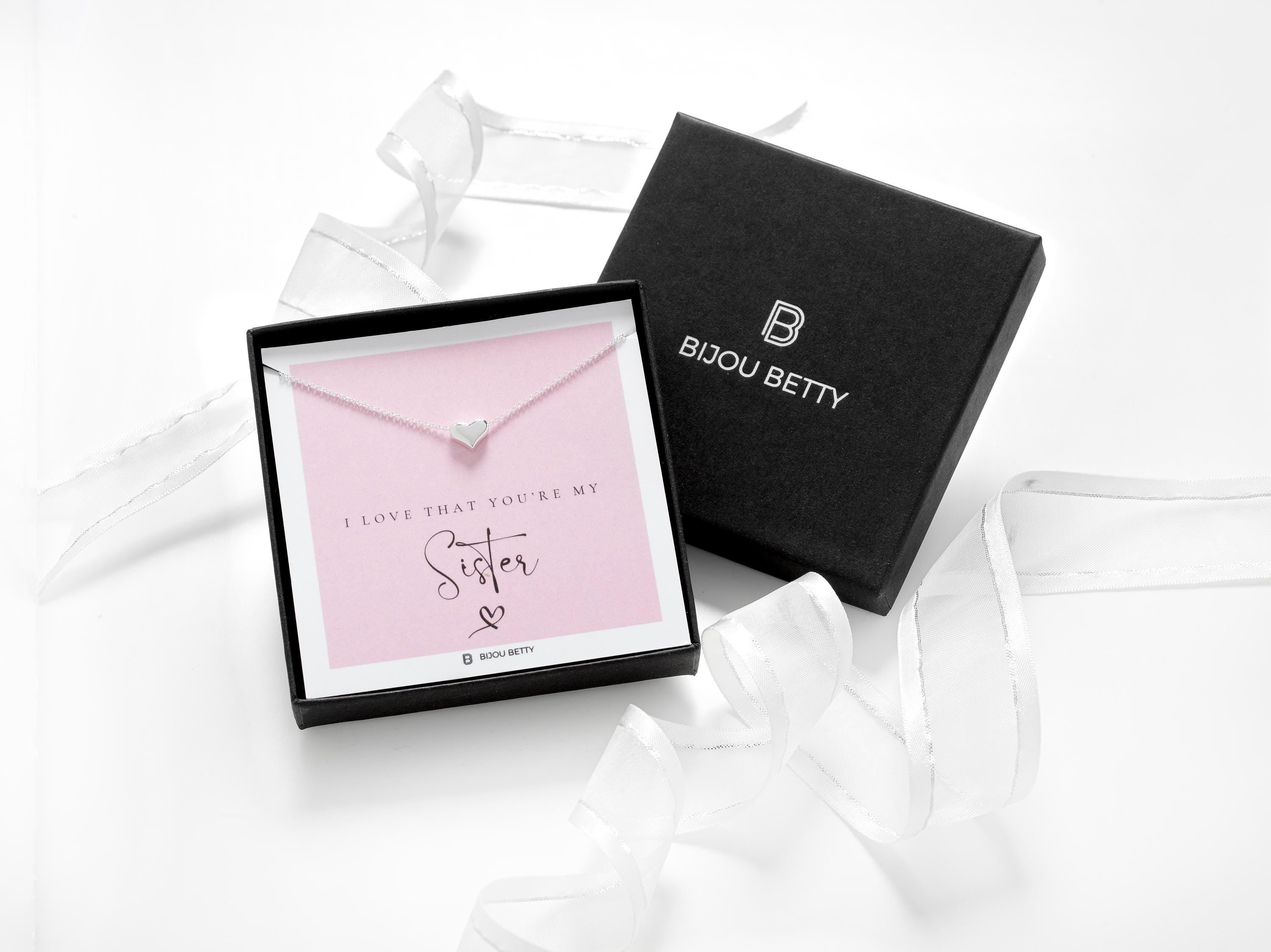 Sterling silver 9mm heart necklace in Bijou Betty box with sister gift card, ideal for birthdays.