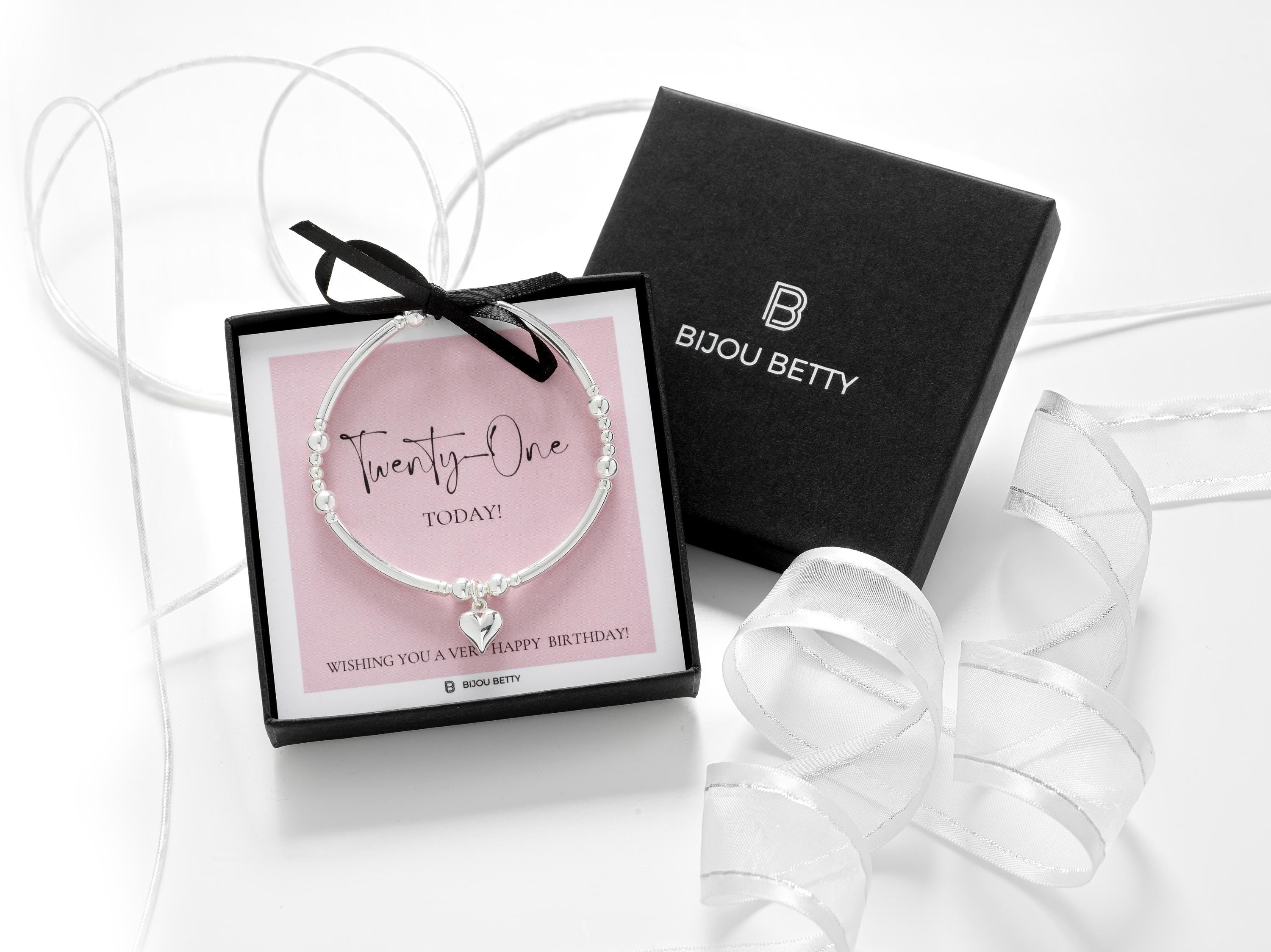 Sterling silver 9mm heart bead bracelet in Bijou Betty box with 21st birthday card, ideal for daughters.