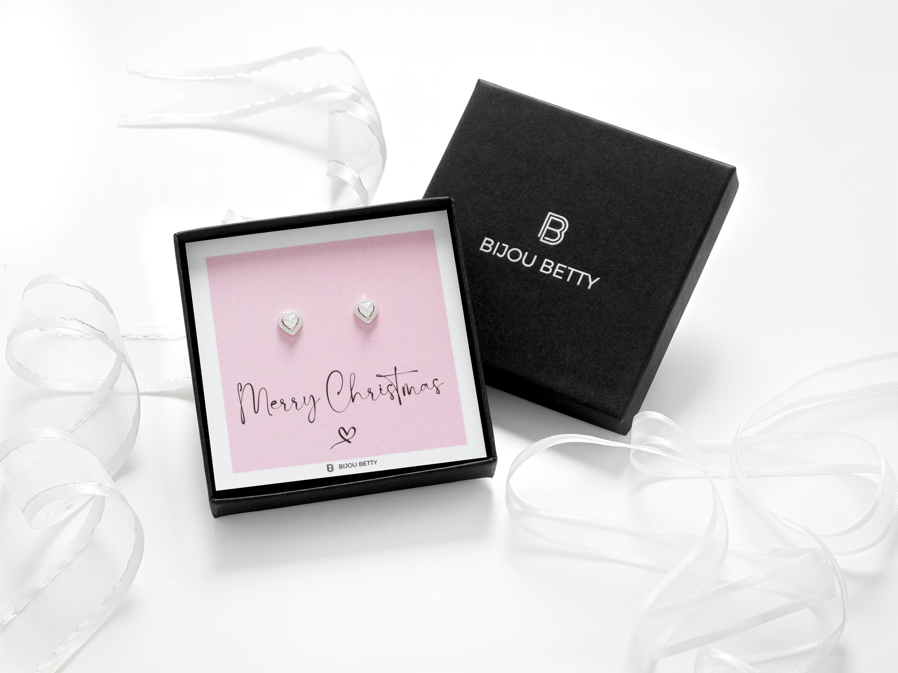 Sterling silver 7mm CZ heart earrings in Bijou Betty box with Merry Christmas card, ideal for daughters.