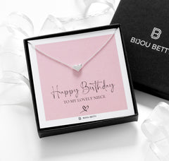 Bijou Betty niece birthday necklace with tissue, ribbon, card, and customised tag, great for gifting.