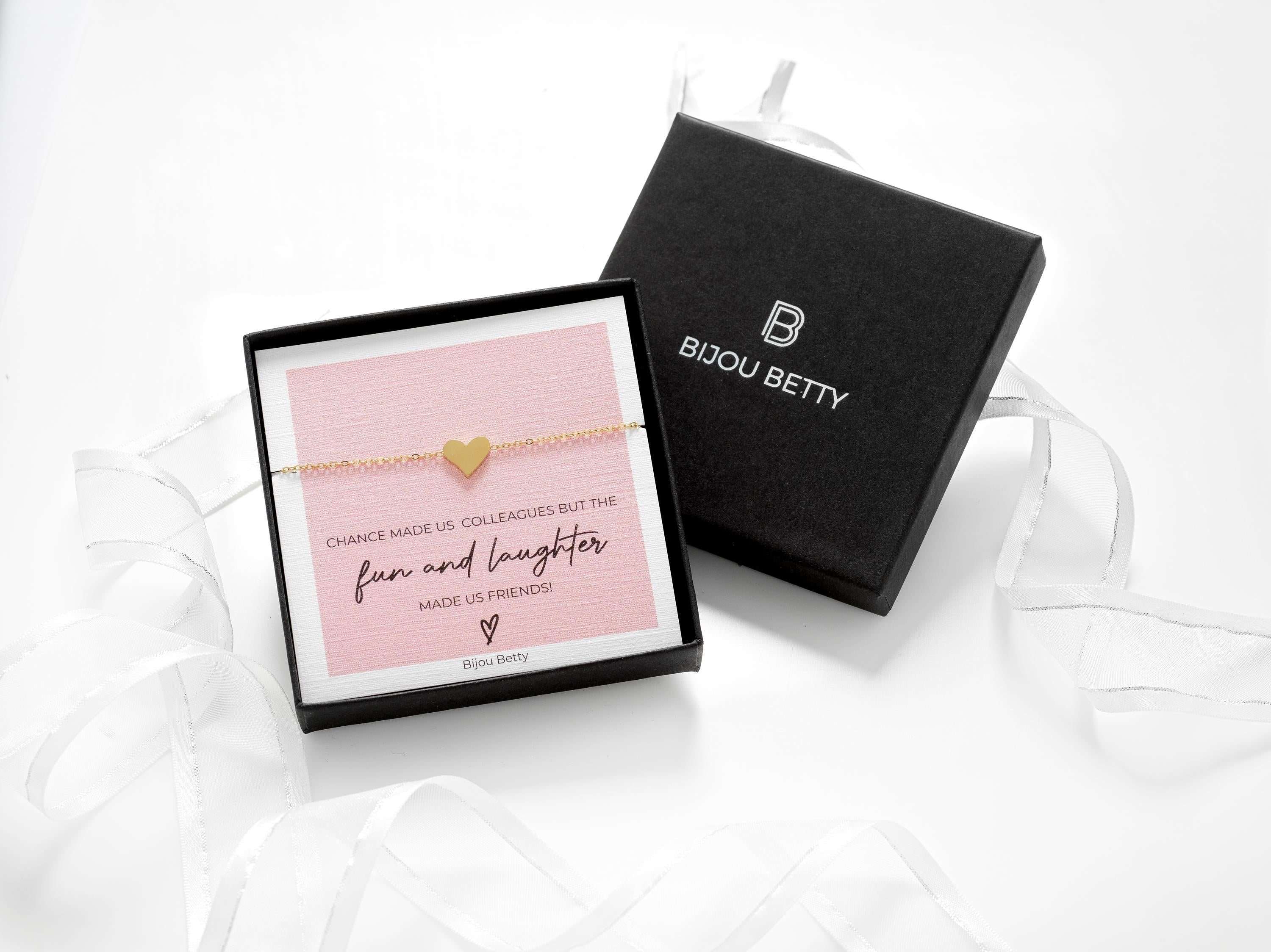 18k gold-plated 10mm heart bracelet in Bijou Betty box with colleague card, ideal for work besties.